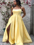 A Line Spaghetti Straps Satin Pockets Yellow Prom Dresses with Slit LBQ2286